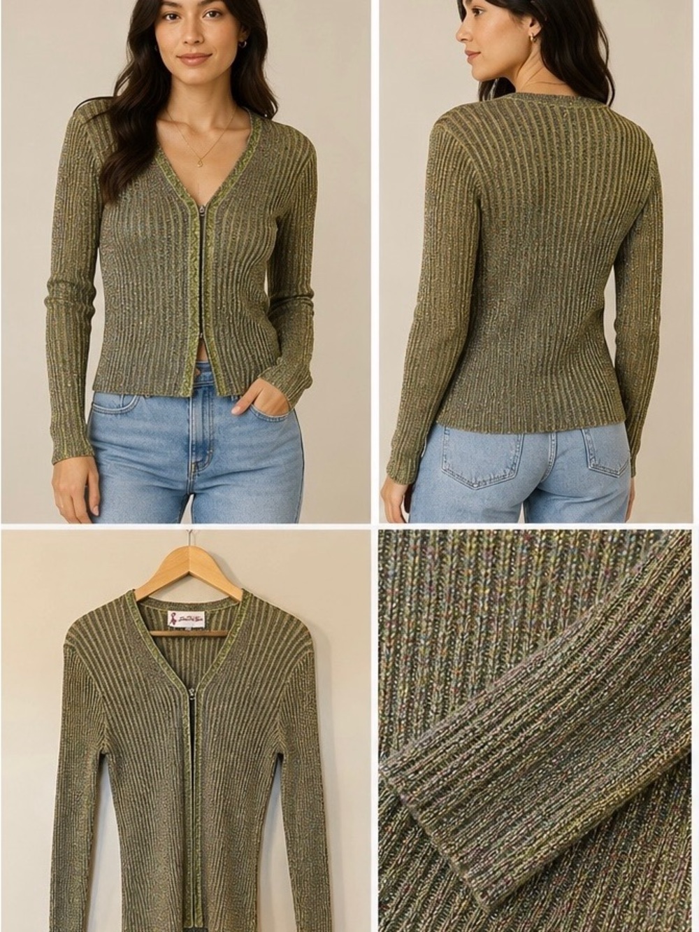Front Clip Ribbed Sparkly Beaded Sweater in Olive Green